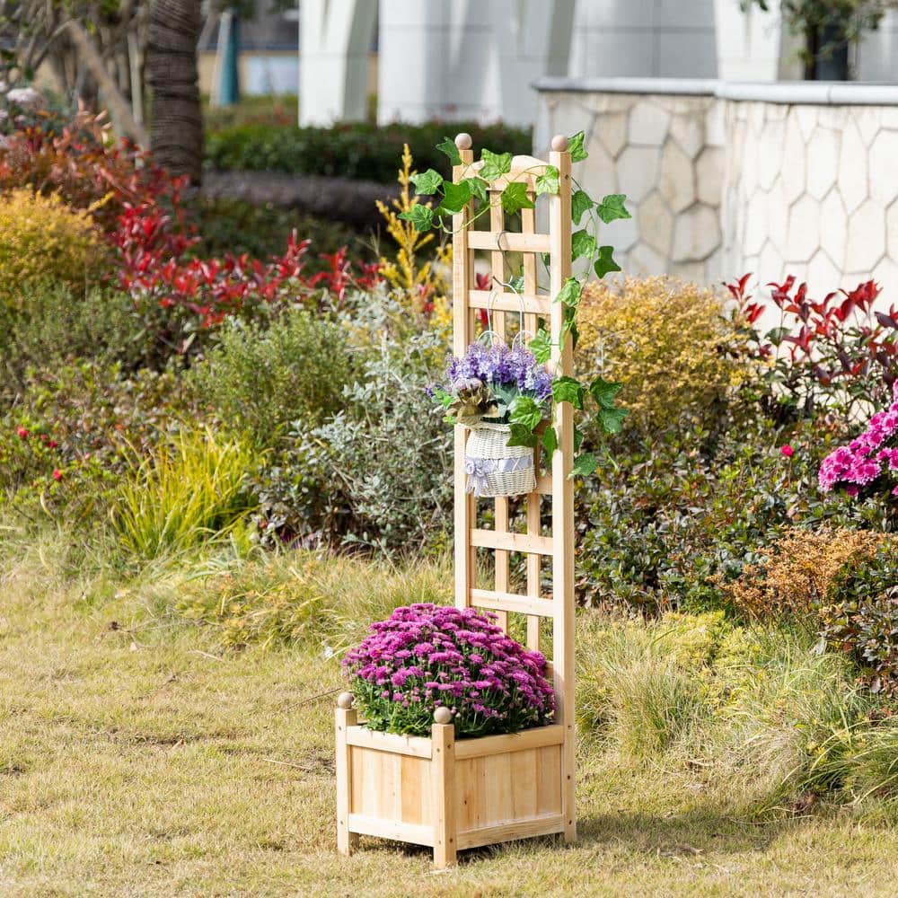Natural Wood Raised Garden Bed with Trellis for Climbing Plants
