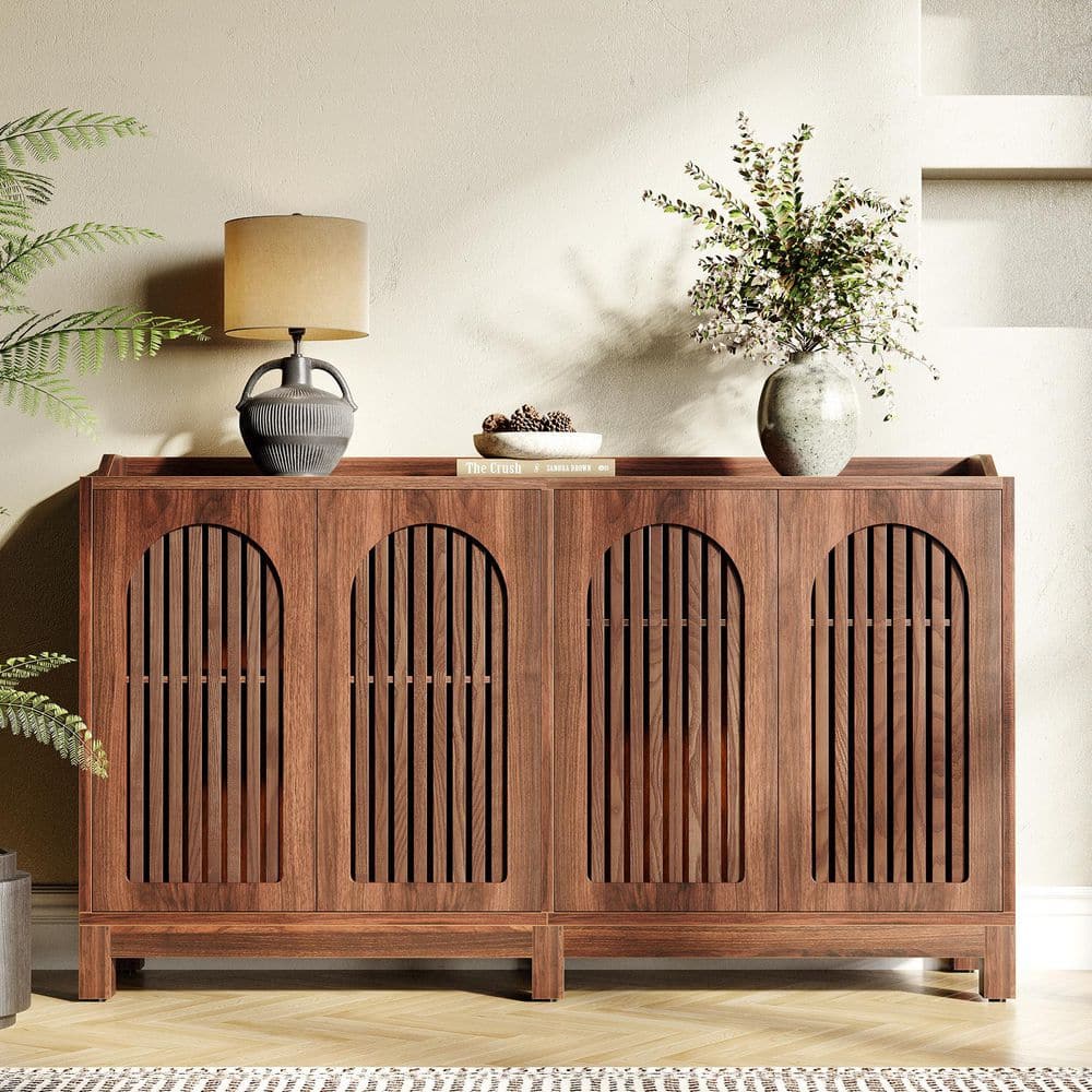 Brown Wood 57 in. Buffet Cabinet with Adustable Shelves, Farmhouse Sideboard for for Dining Room, Kitchen