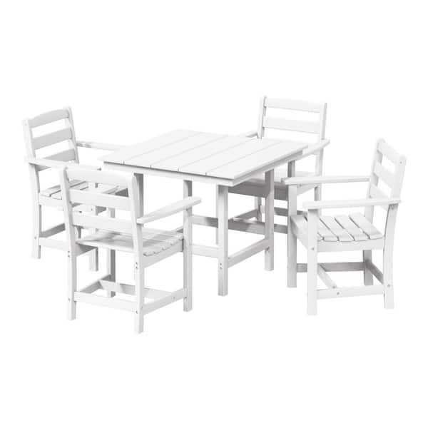 Shoreside 5-Piece All Weather HDPE Plastic Outdoor Patio Dining Set w/ Armchairs, White
