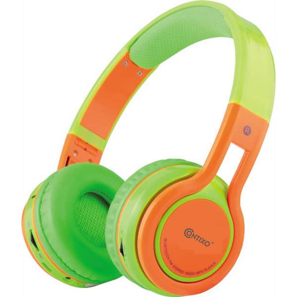 CONTIXO KB2600 Kid Safe 85db Foldable Wireless Bluetooth Headphone Built-in Microphone, Micro SD Music Player (Green w/Orange)