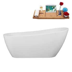 67 in. x 29 in. Acrylic Freestanding Soaking Bathtub in Glossy White With Glossy White Drain, Bamboo Tray