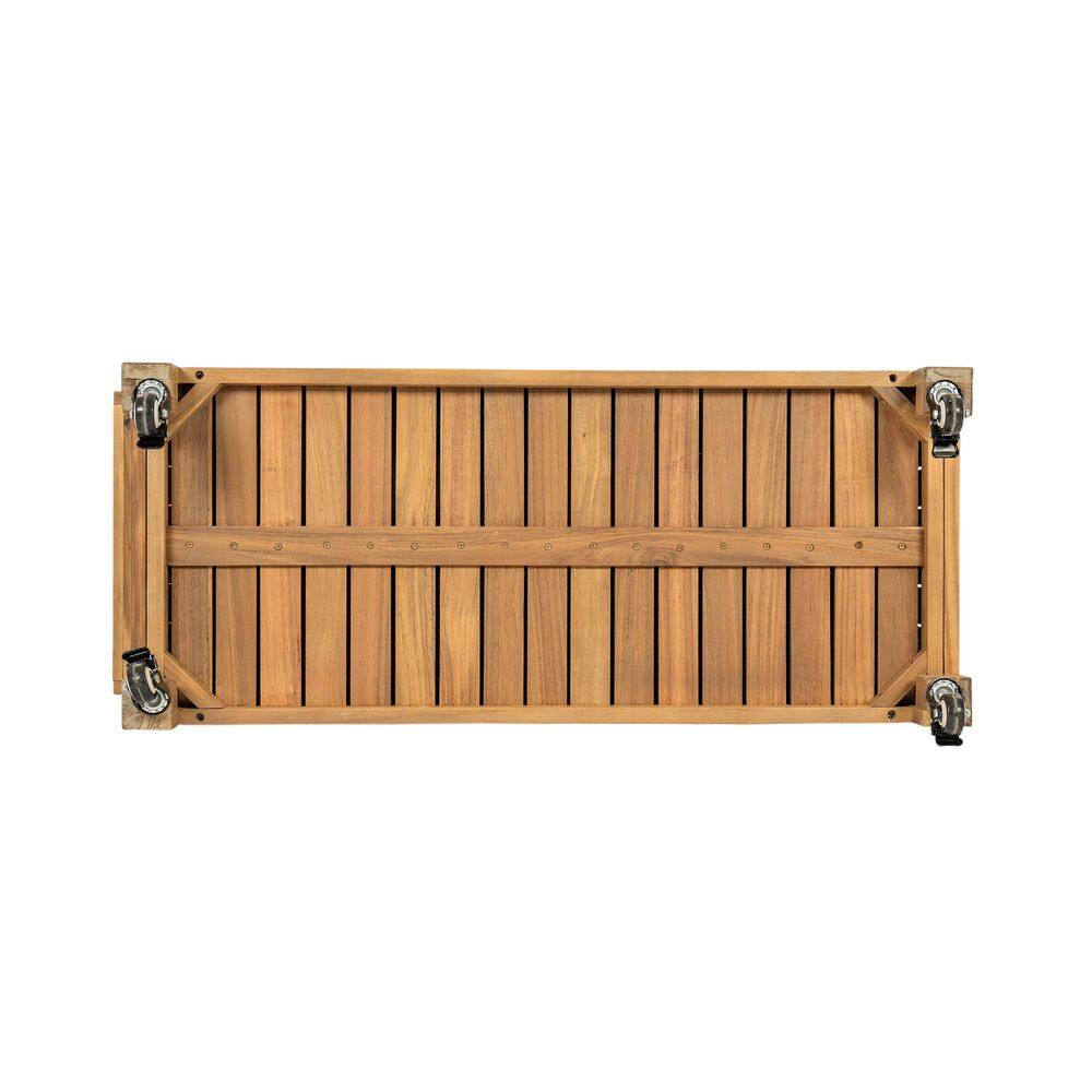 Back view of the natural wood bar cart showing vertical slats and caster wheels.