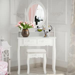 3-Piece White Living Room Set Vanity Wood Makeup Dressing Table Stool Set Bathroom with Mirror 4-Drawers