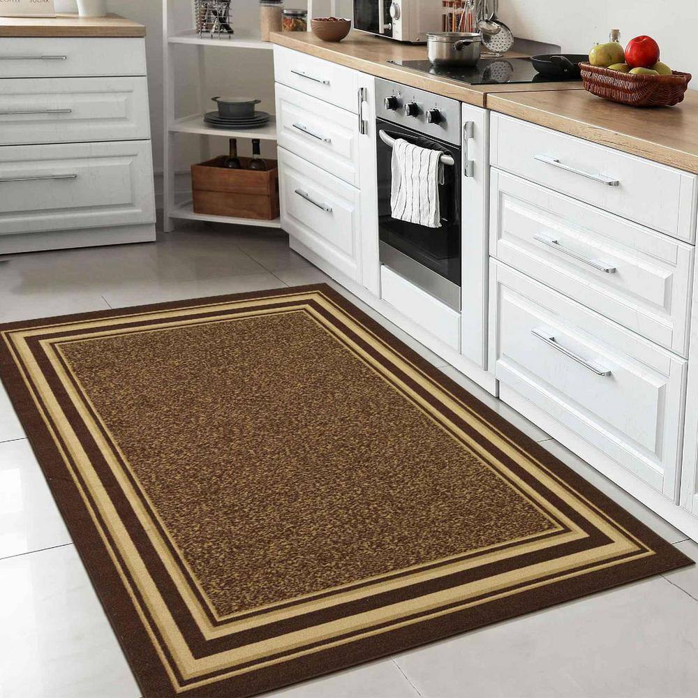 Brown and Beige Bordered Non-Slip Synthetic Area Rug