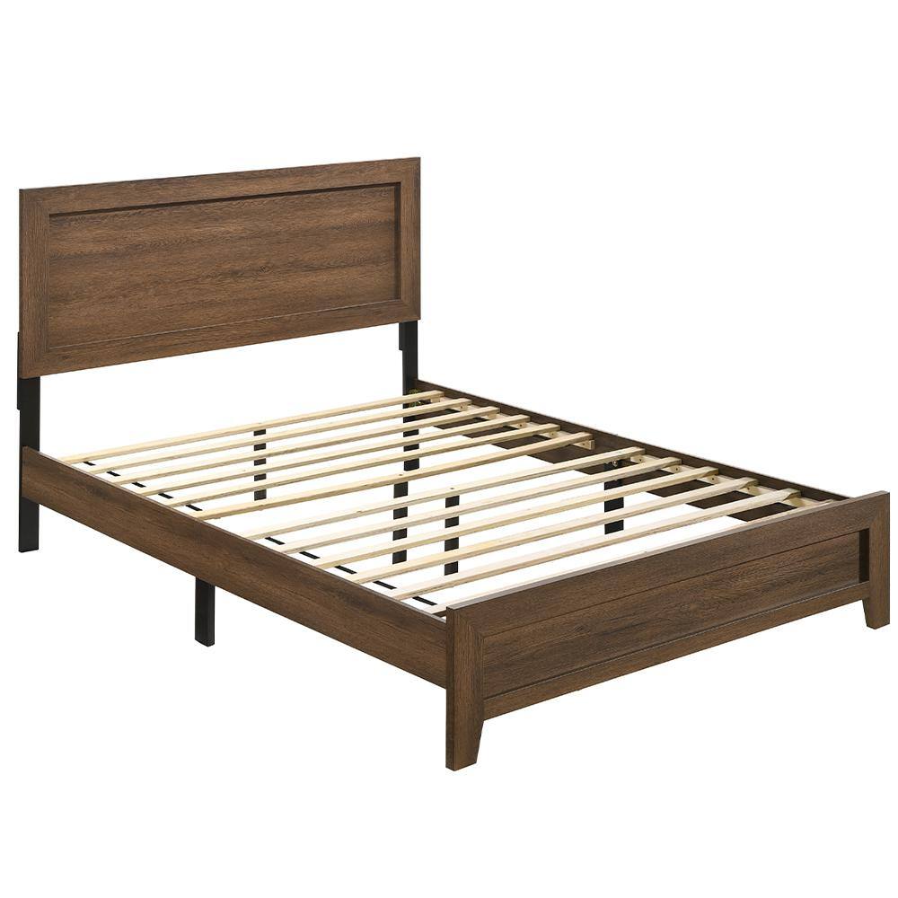 Elegant Oak Queen Bed with Upholstered Headboard and Storage Drawer