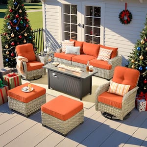 Kelleys 9-Piece Wicker Modern Outdoor Patio Fire Pit Conversation Sofa Set with Swivel Chairs and Orange Red Cushions