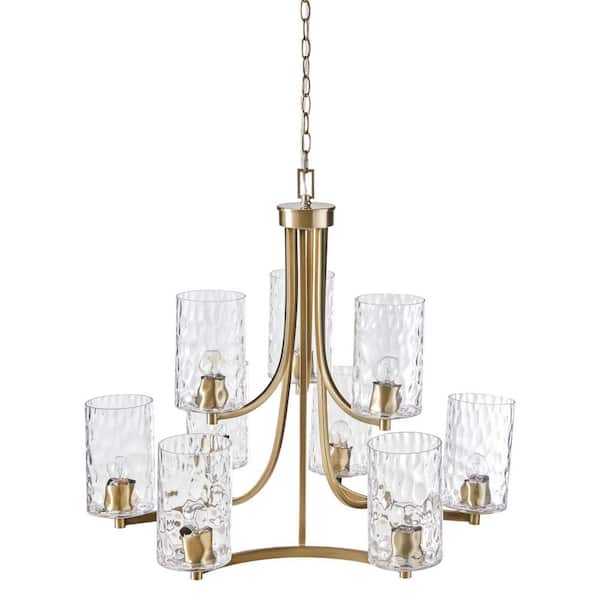 Transitional 9-Light Antique Brass Textured Glass Cylindrical Pendant Chandelier for Dining Room (No Bulbs Included)