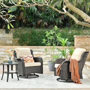 Joyoung Brown 3-Piece Wicker Swivel Outdoor Patio Conversation Seating Set with Beige Cushions