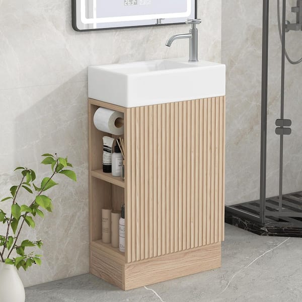 Ziyudura 18.6 in. Single Sink Freestanding Natural Bath Vanity with White Ceramic Top, Two-tier Shelf, Toilet Paper Holder