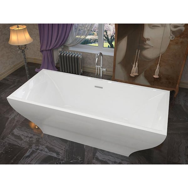 Kayenge Series 71 in. x 32 in. Flat Bottom Solid Surface Freestanding Soaking Bathtub with Center Drain in Matte White