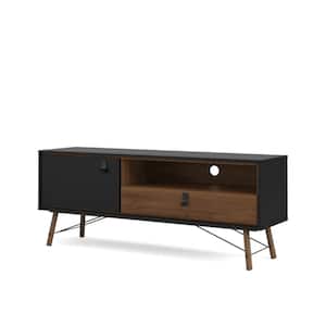 Ry 59 in. Black Matte and Walnut Engineered Wood TV Stand Fits TVs Up to 59 in. with Storage Doors