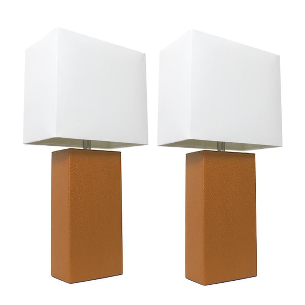 Elegant Designs 21 in. Modern Tan Leather Table Lamps with White Fabric Shades (2-Pack)