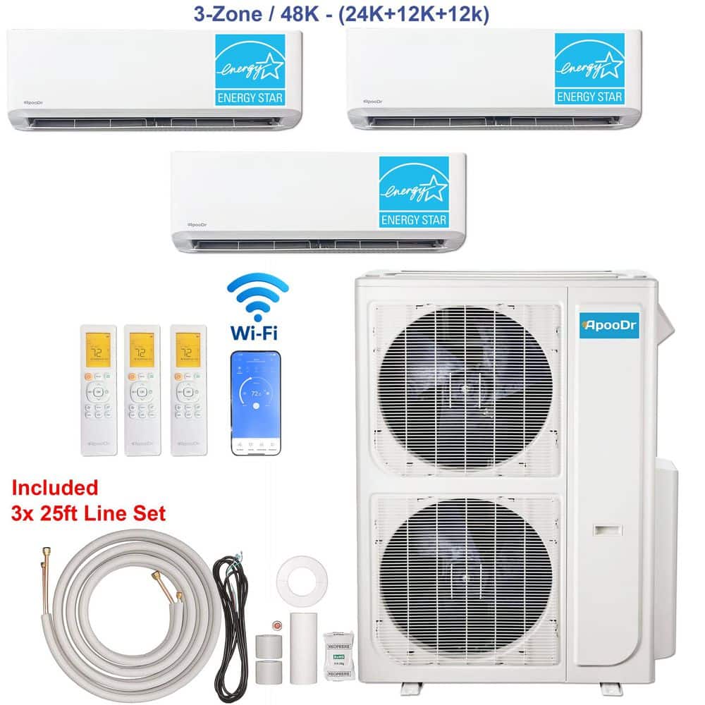 3-Zone ENERGY STAR Wi-Fi 48K BTU 230V 21 SEER2 Mini Split AC w/ Heat Pump + 24K + 12K + 12K BTU Heads 25 ft. Lineset x 3 price history on PriceWatchPro
