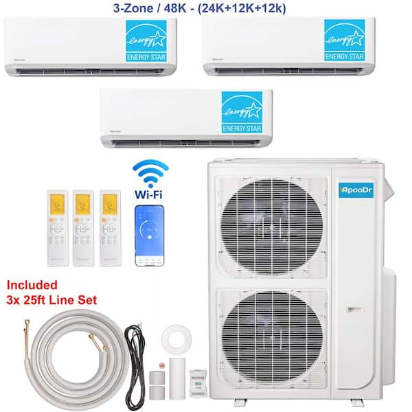 3-Zone ENERGY STAR Wi-Fi 48K BTU 230V 21 SEER2 Mini Split AC w/ Heat Pump + 24K + 12K + 12K BTU Heads 25 ft. Lineset x 3