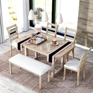 6-Piece Rubber Wood Kitchen Dining Table Set with Wood Grain Tabletop, Wood Veneer Chairs and Bench, Natural Wood Wash