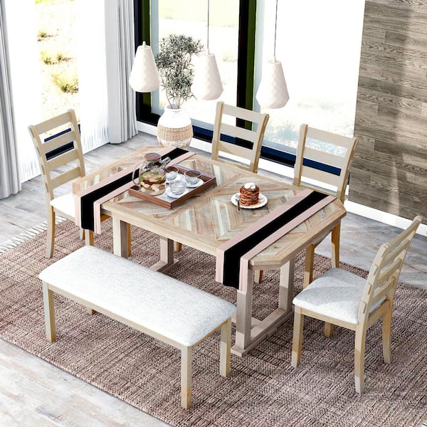 Magic Home 6-Piece Rubber Wood Kitchen Dining Table Set with Wood Grain Tabletop, Wood Veneer Chairs and Bench, Natural Wood Wash