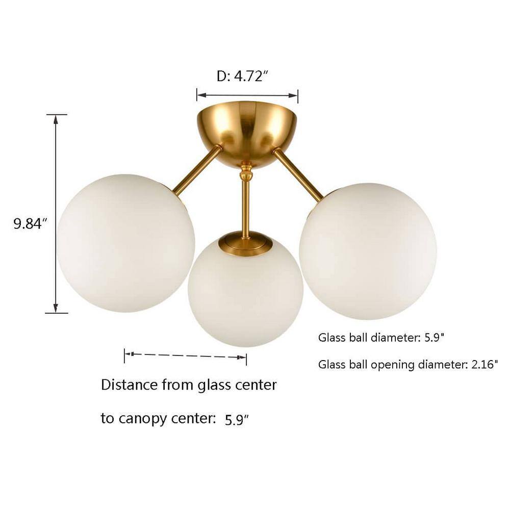 Mid-Century Opal Globe Brass Chandelier with Dimmable LED