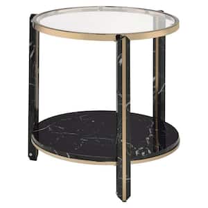 23 in. Black and Gold Round Glass End Table with Faux Marble Shelf