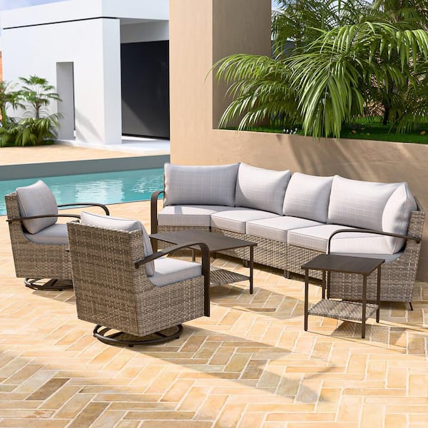 7-Seat Patio Brown Wicker Steel Swivel Glider Chair Conversation Set Outdoor Half-Moon Sectional Set with Beige Cushions