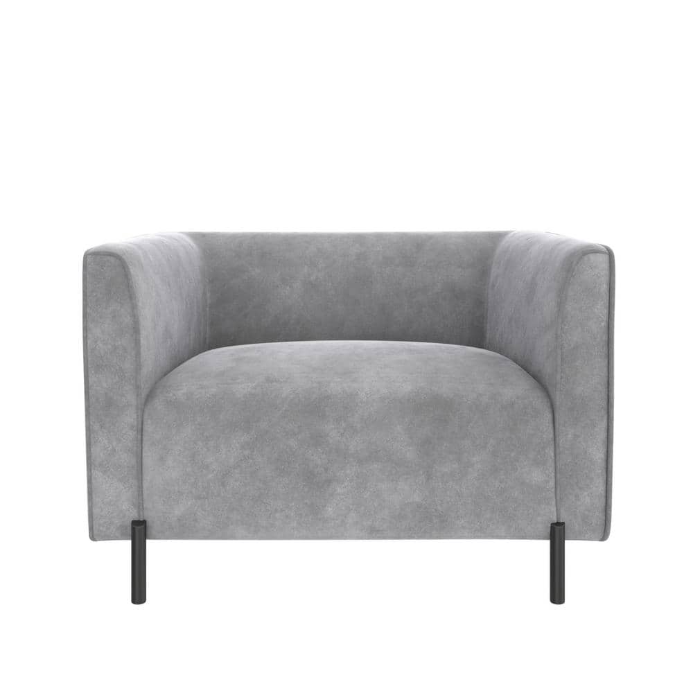 Light Gray Velvet Ribbed Accent Chair with Black Metal Legs