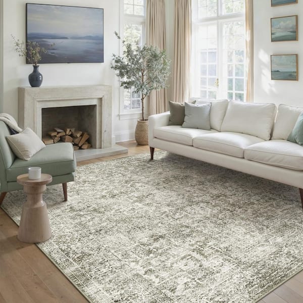 Lambert 9 ft. X 12 ft. Taupe Vintage Washable Medallion Distressed Area Rug
