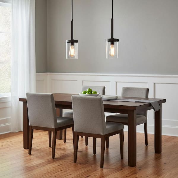 2-Pack 1-Light Black Farmhouse Pendant Lighting Kitchen Island Hanging Light Fixtures with Seeded Glass Shade