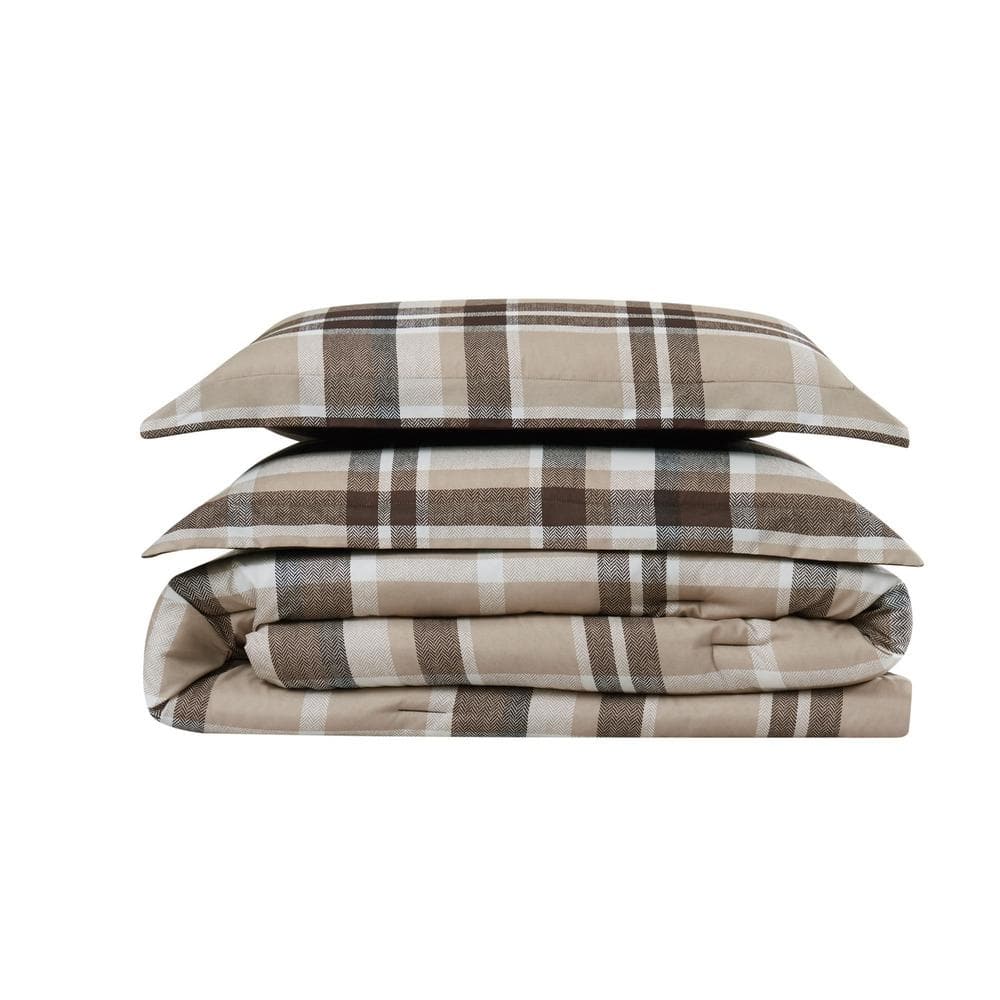 King Size Taupe Plaid Microfiber Duvet Cover Set