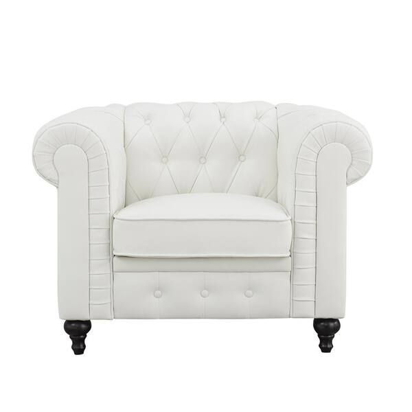 HOMESTOCK Emery Chesterfield White Accent Chair with Rolled Arms, Tufted Cushions