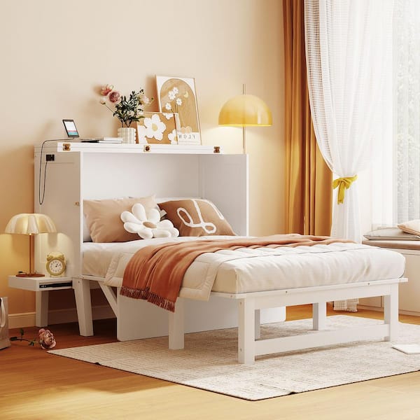 Polibi White Wood Frame Full Size Murphy Bed with USB Port and Removable Shelves on Each Side