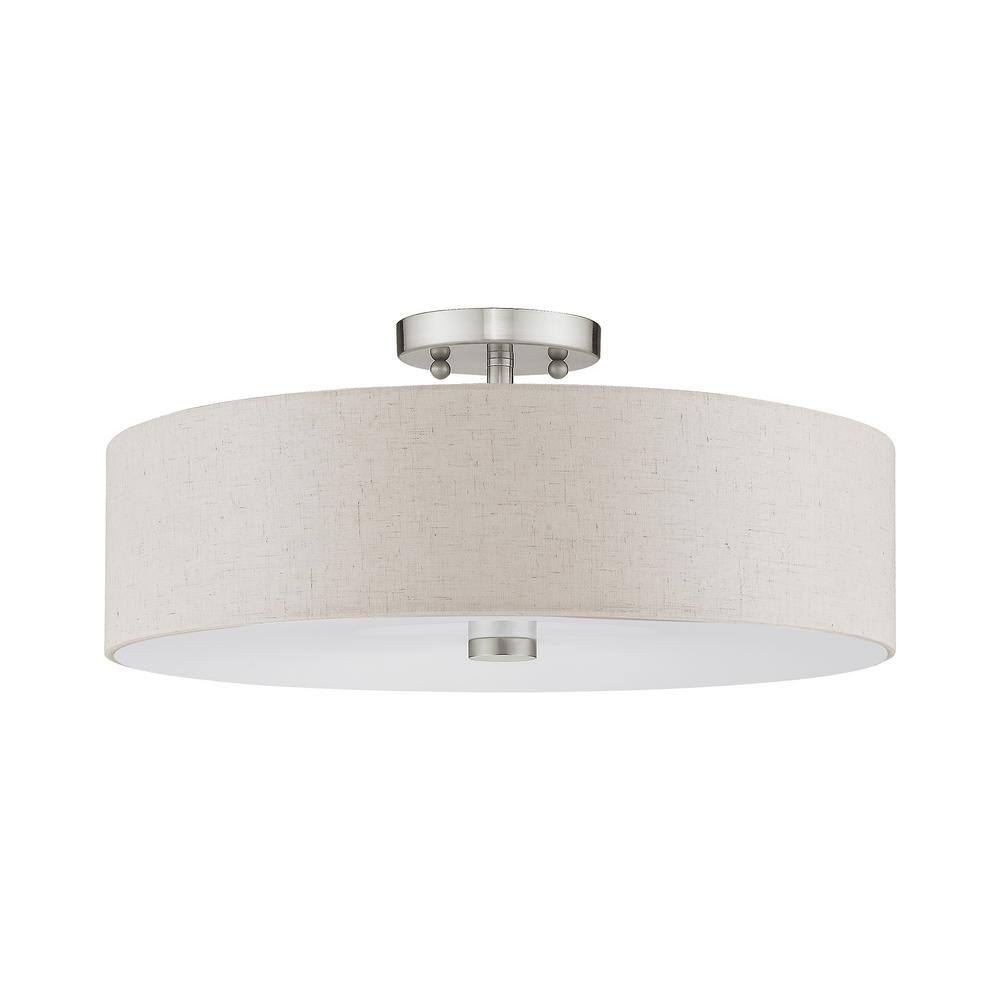 Elegant Brushed Nickel 4-Light Semi-Flush Mount with Oatmeal Fabric Shade