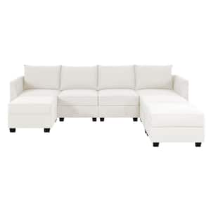 112.8 in Modern 4-Seater Upholstered Sectional Sofa with 3 Ottoman - White Down Linen Sofa Couch for Living Room/Office