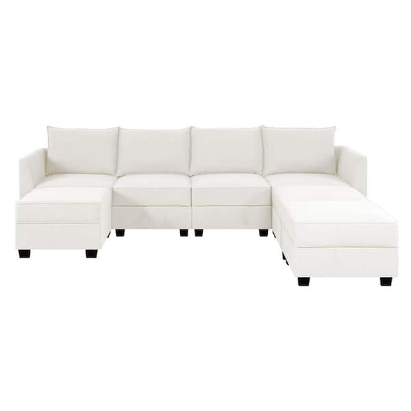 HOMESTOCK 112.8 in Modern 4-Seater Upholstered Sectional Sofa with 3 Ottoman - White Down Linen Sofa Couch for Living Room/Office