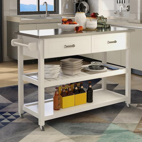 Unbranded Versatile Modern White Stainless Steel Table Top 47.25 in. Kitchen Island Kicthen Cart with Two Drawers and Open Shelf