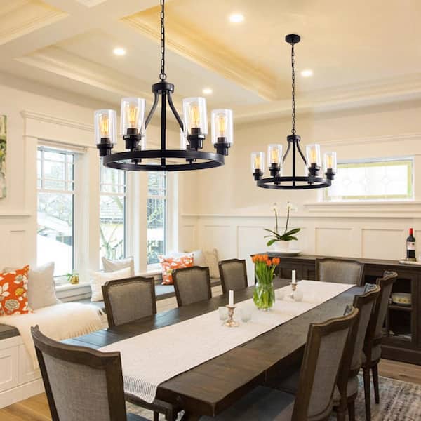 6-Light Farmhouse Hanging Wagon Wheel Dining Room Chandelier Kitchen Island Pendant Light, Black