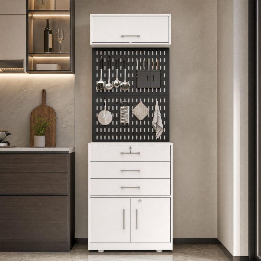 White Wood 26.7 in. x 78.9 in. Pantry Cabinet with 2 Shelves, 3 Drawers, Lockable Drawer, Pegboard, Upper Storage Shelf price history on PriceWatchPro
