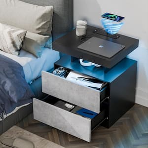 Modern Gray/Black 2-Drawer 22.8 in. H x 19.7 in. W x 15.8 in. D Nightstand with Smart RGB LED Light Strip