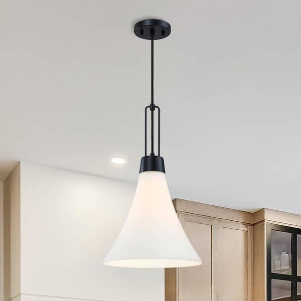 Evergreen Oasis 60-Watt 1-Light Matte Black Down Pendant Light with Etched Opal Glass Shade