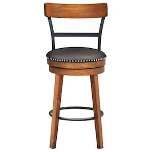 43.5 in. Brown Low-Back Swivel Wooden 30.5 in. Bar Stool with Leather Padded Seat