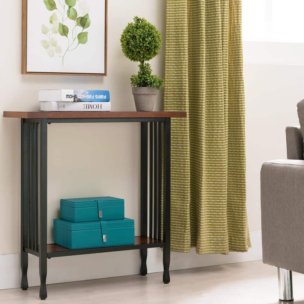 Mission Oak and Black Metal Console Table with Storage