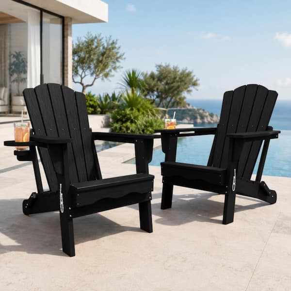 Thoeoe Black HDPE Outdoor Folding Adirondack Chair with Cup Holder