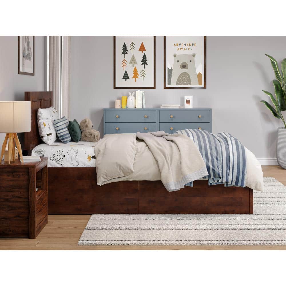 Walnut Twin Wood Platform Bed with Storage Drawers and Headboard