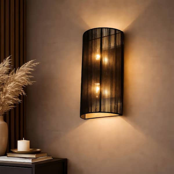 Zyra 9.8 in. 2 light Matte Black Boho Half-Cylindrical Wall Sconce with Brushed Linen Fabric Shade