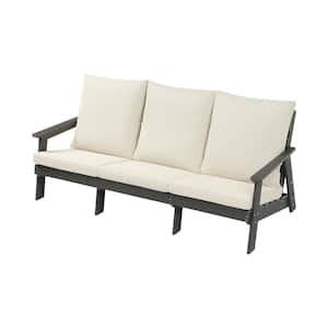 3 Seater Wood Grain HDPE Outdoor Garden Couch, with Beige Cushion