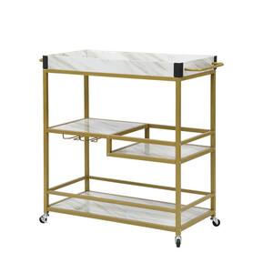 Gold Kitchen Bar Serving Cart with Lockable Wheels, 3-Tier Wine Cart with Removable Tray Glass Holder for Dining Room