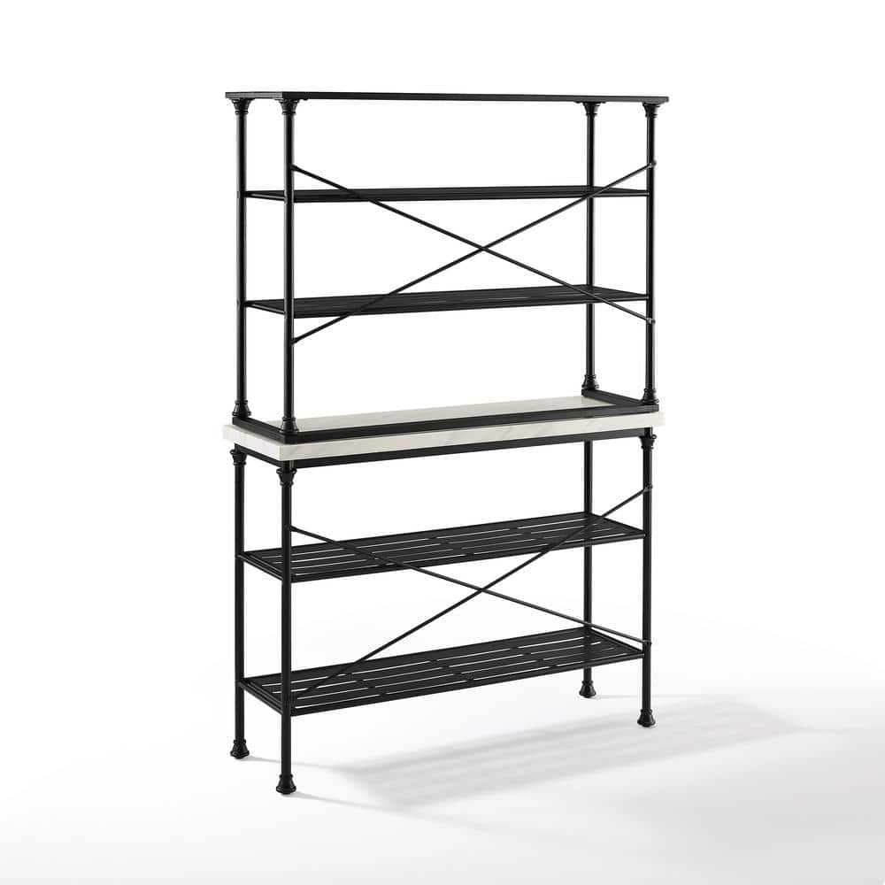 Elegant French Industrial Inspired Matte Black Baker's Rack with Faux Marble Top