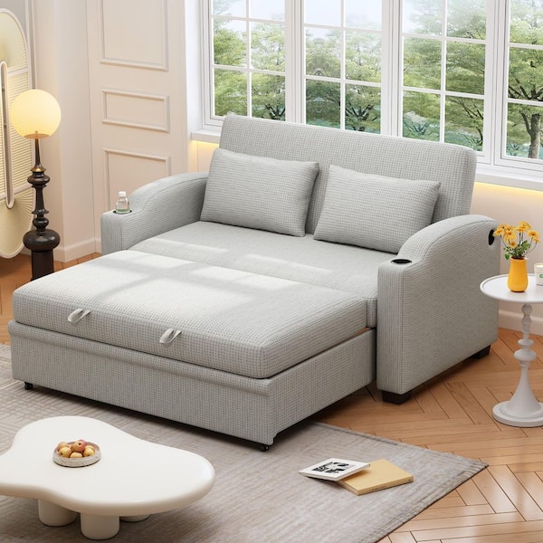 Neville 61.2 in. White+Gray Chenille Twin Size Sofa Bed with Adjsutable Backrest, 2 Pillows, Cup Holders, USB Ports