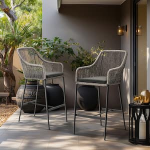 OC Orange Casual Grey Wicker Outdoor Bar Stools Set of 2 with Black Cushions