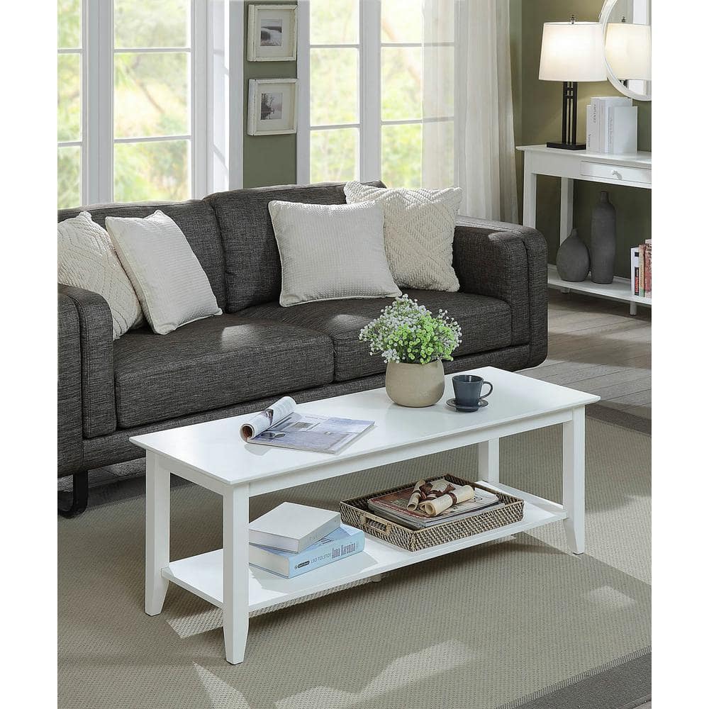 White Rectangular Pine Coffee Table with Shelf