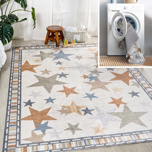 JONATHAN Y Star Gazer Geometric Machine-Washable Ivory/Blue/Orange 4 ft. x 6 ft. Area Rug