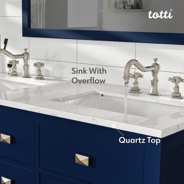 Eviva Totti Artemis 48 Blue Transitional Double Sink Bathroom Vanity w/ White Carrara Style Man-Made Stone Top